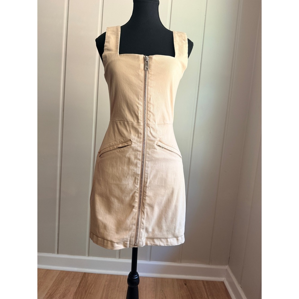 Eggie Tan Denim Zip Front Mini Dress Sleeveless Pockets‎ Tan Neutral Size Medium
